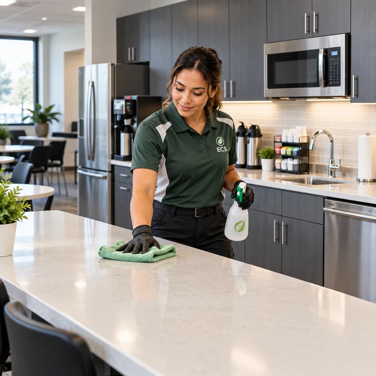 Crew member wiping a break room counter in an office kitchen