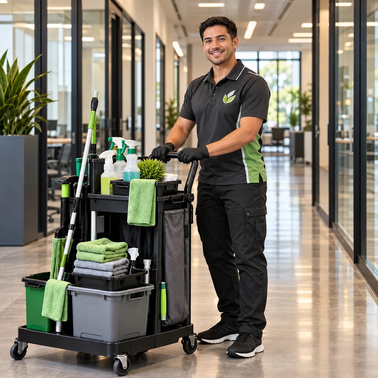 Crew member with a fully stocked cleaning cart in an office hallway