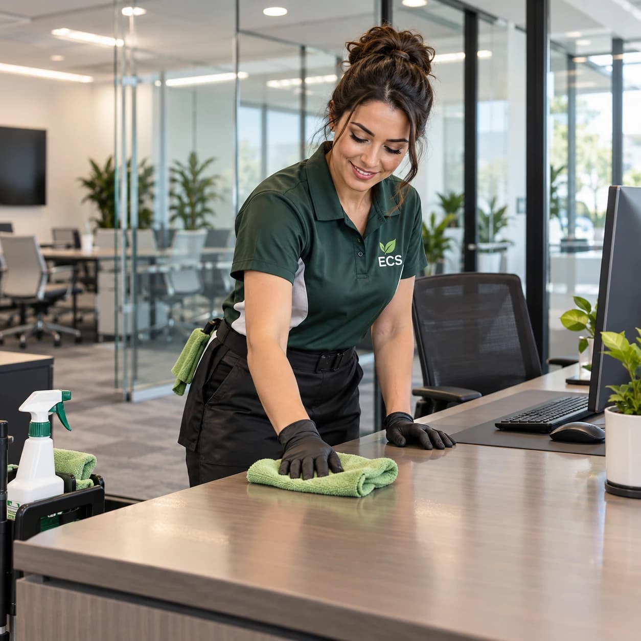 Crew member in gloves wiping down an office desk