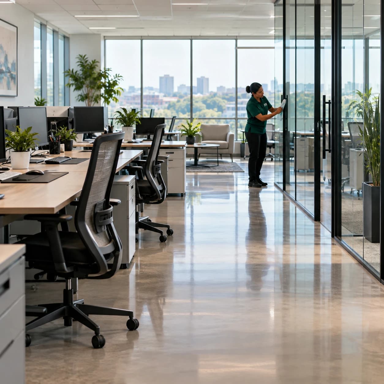 Crew member cleaning glass office doors in an open-plan office
