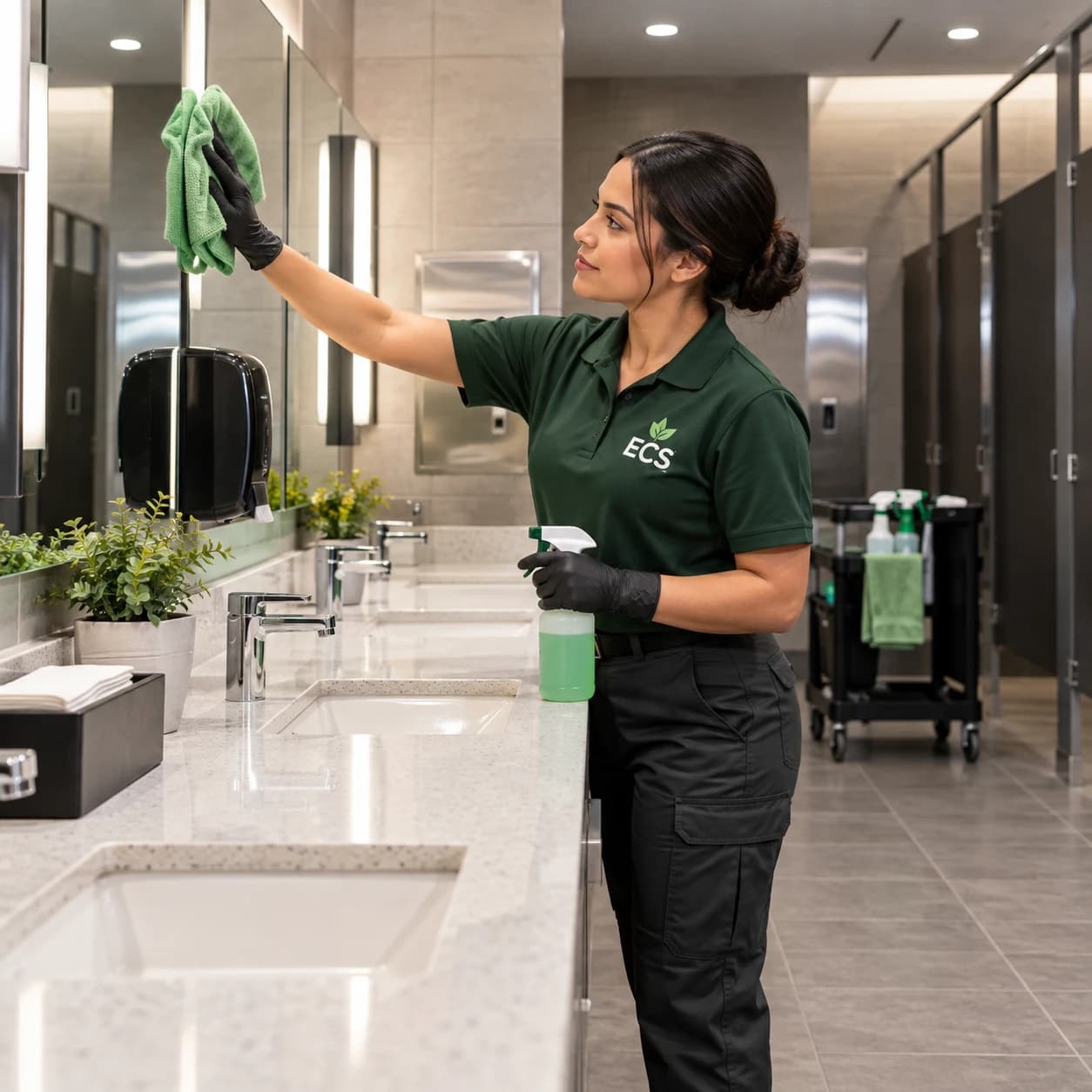 Crew member wiping mirrors in a commercial restroom