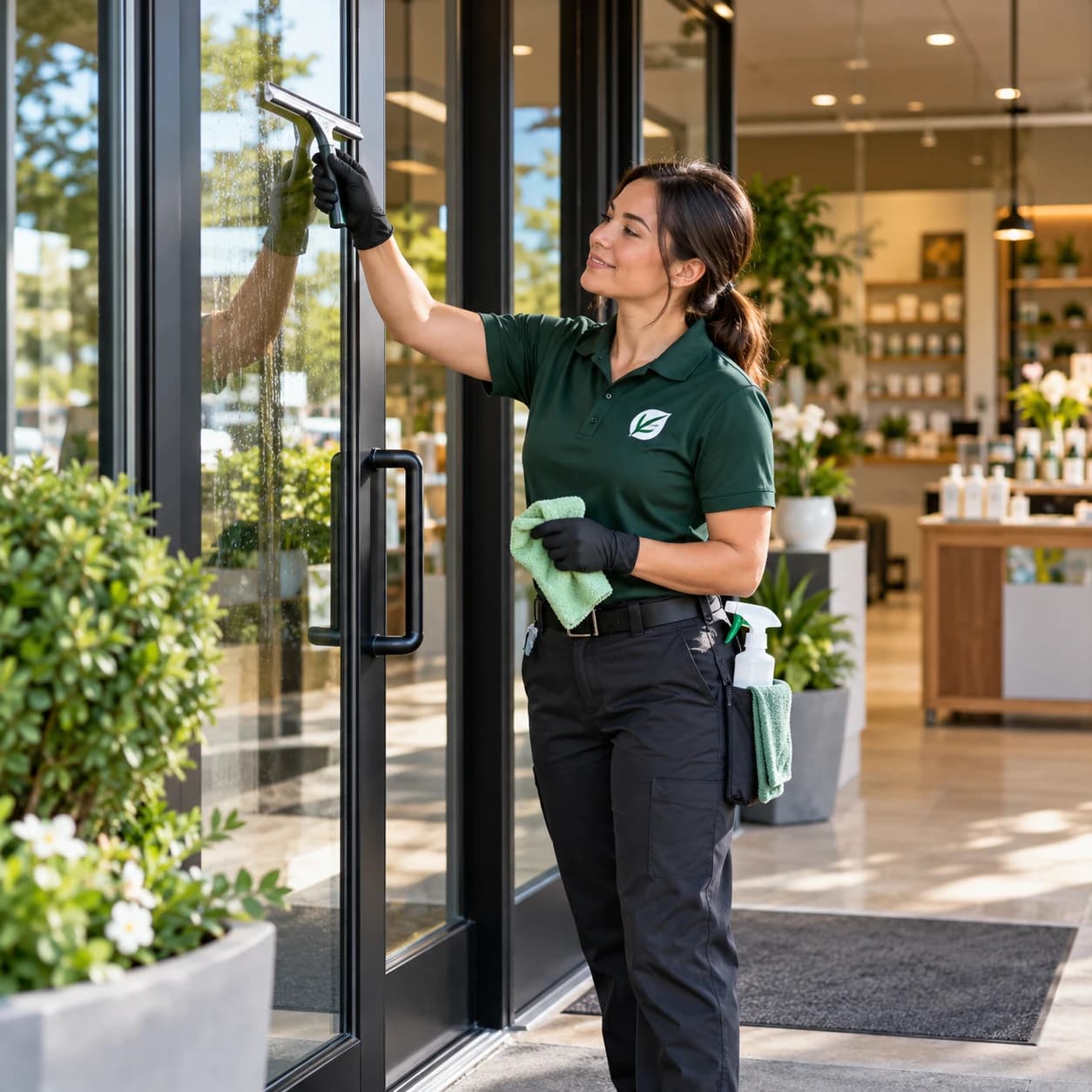 Crew member squeegeeing the glass entry door of a retail storefront