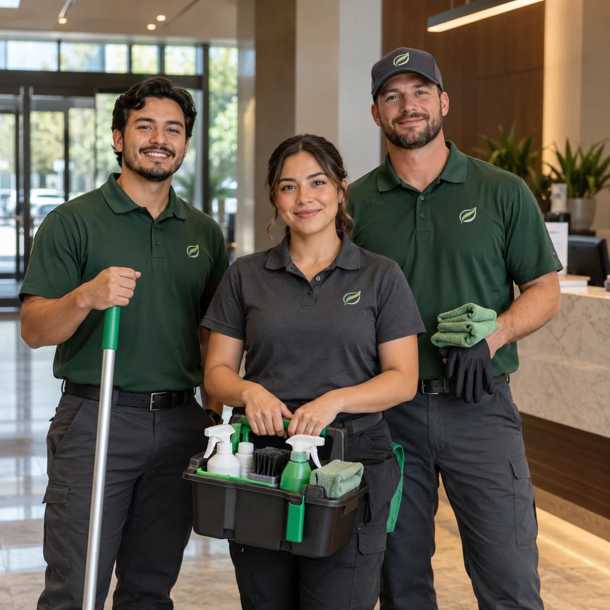 Three-person cleaning crew in uniform standing in an office lobby with their supplies