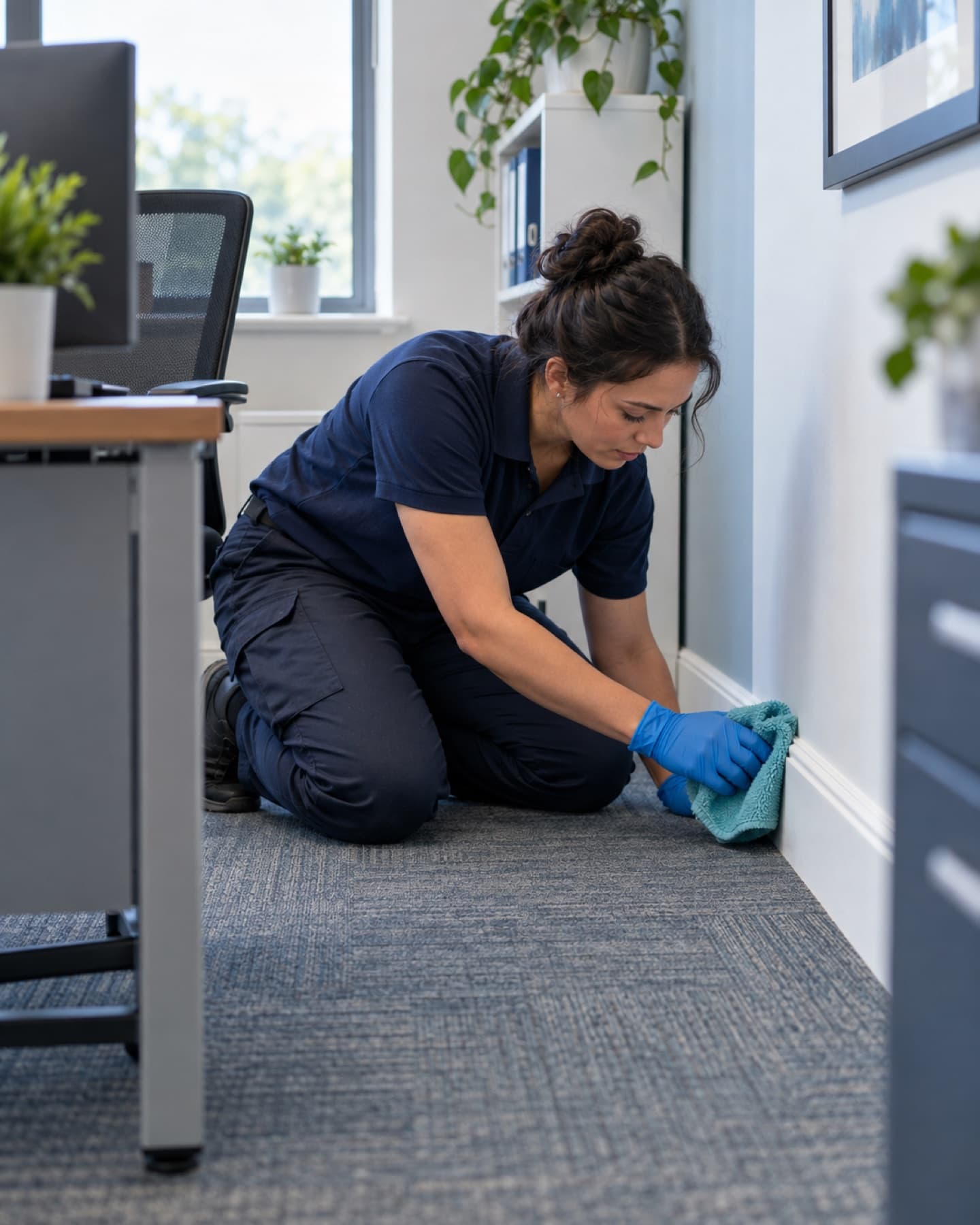 Cleaner wiping a baseboard along an office wall during a detail clean