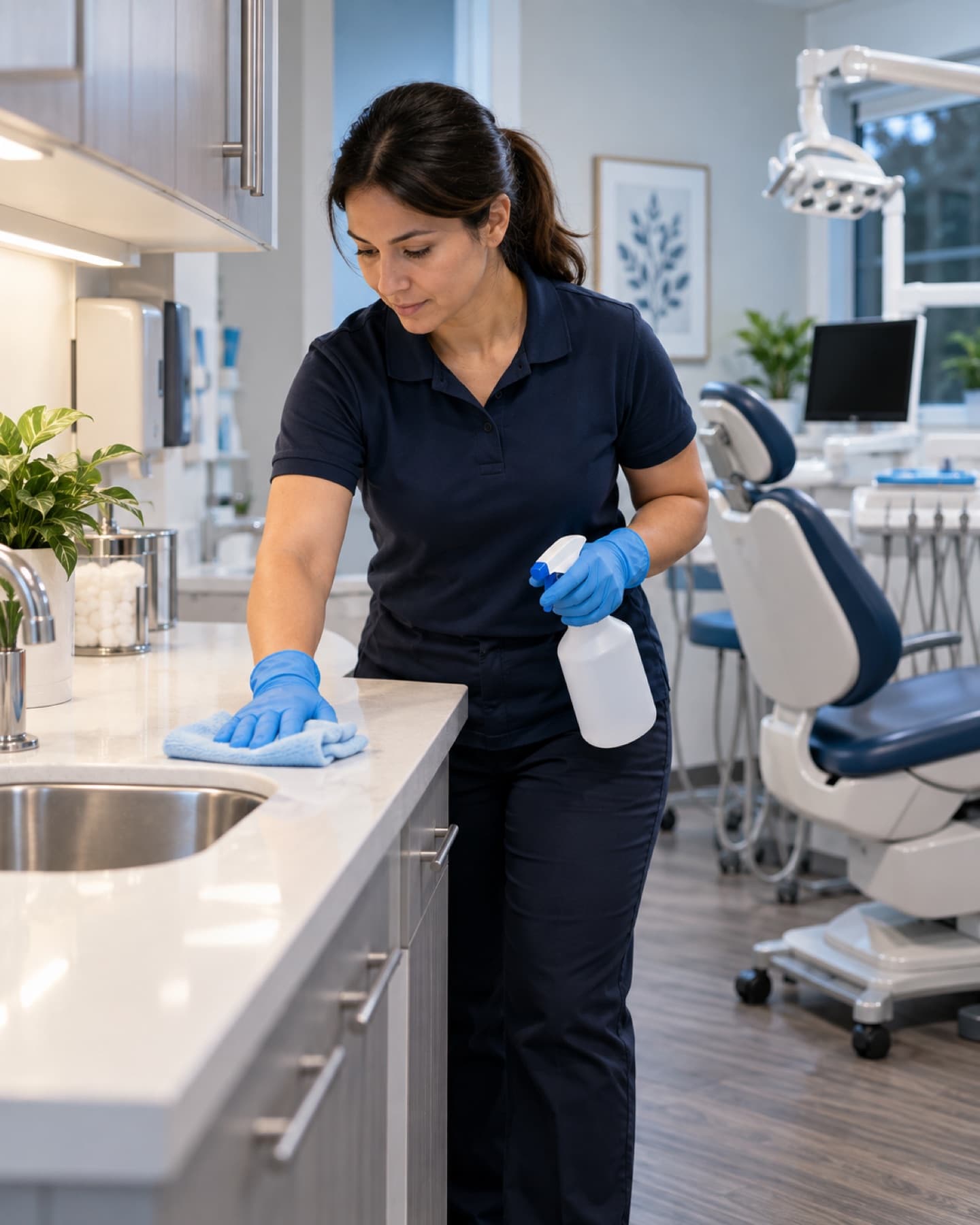 Clean medical exam room with an exam table and wiped-down counters