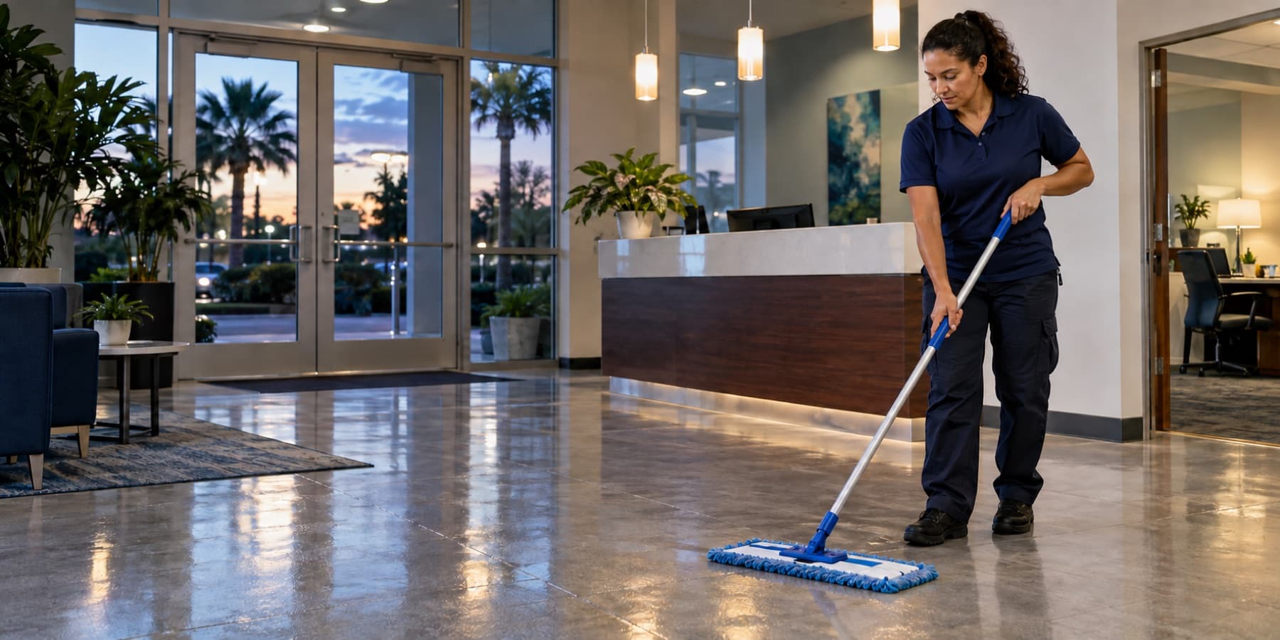 Earth crew mopping a client lobby