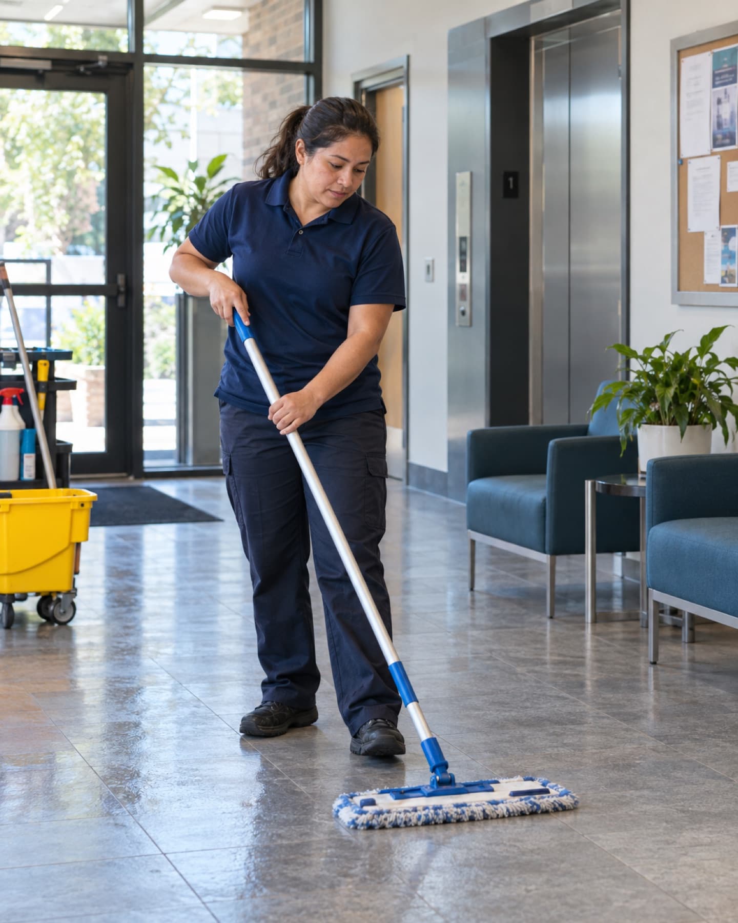 Shared office building lobby with clean floors and a tidy reception area