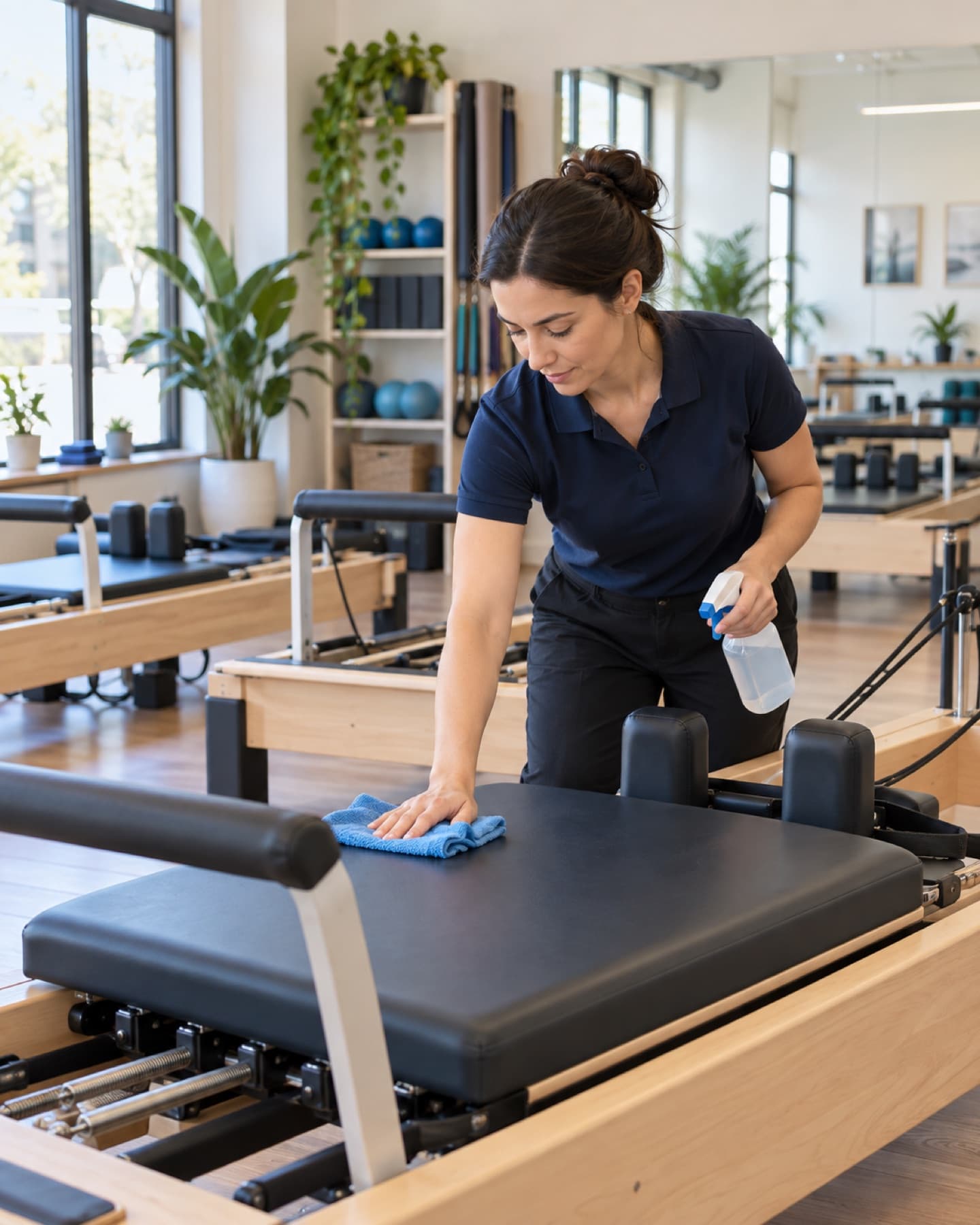 Fitness studio with clean wood floors, mirrors and equipment racks